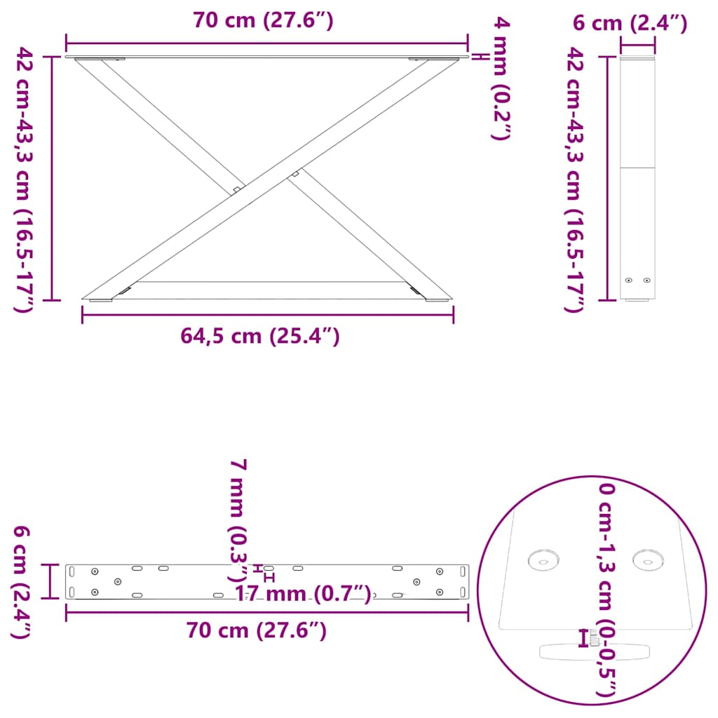 Ножки журнального столика 2 шт. Натуральная сталь 70x(42-43.3) см Сталь