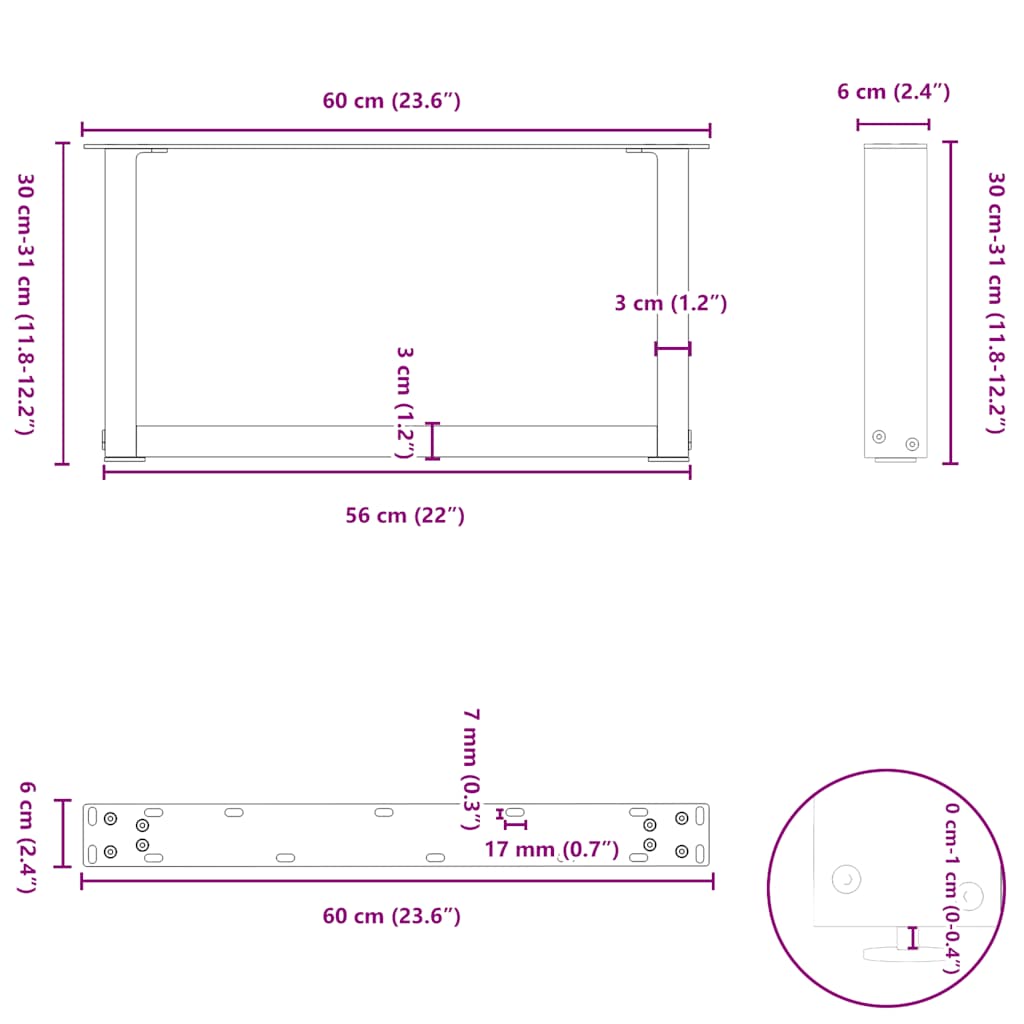 kohvilaua jalad U-kujuline 2 tk antratsiit 60x(30-31) cm teras