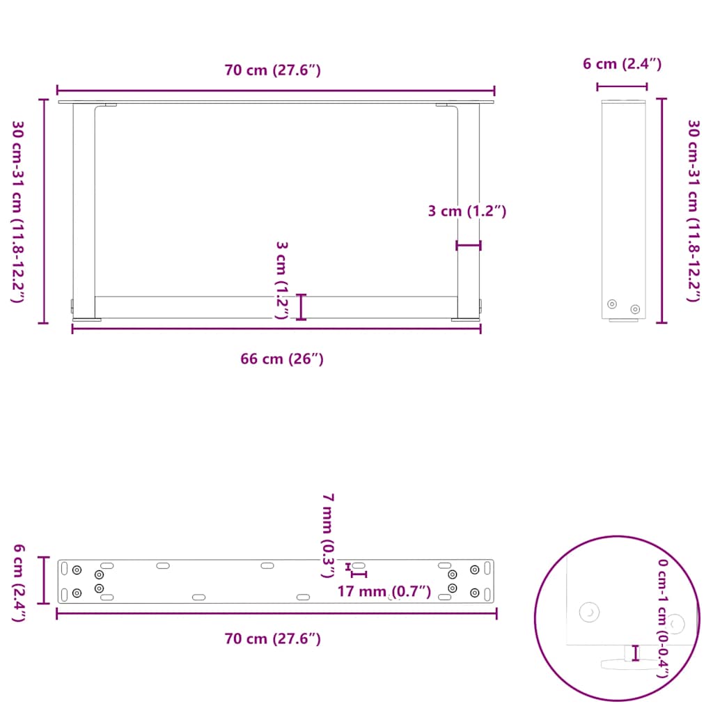 kohvilaua jalad U-kujuline 2 tk antratsiit 70x(30-31) cm teras