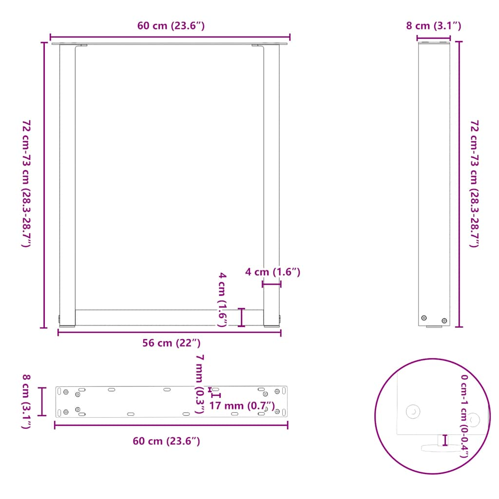 söögilaua jalad, U-kujuline, 2 tk, must, 60x(72-73) cm teras