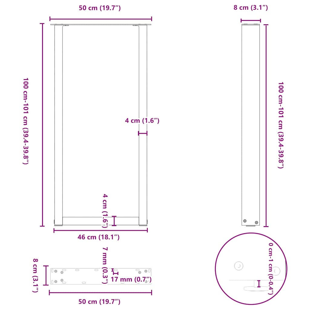 kohvilaua jalad, U-kujuline, 2 tk, must, 50x(100-101) cm teras