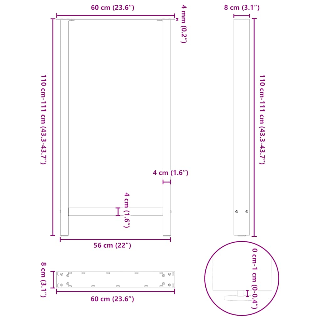 baarilaua jalad, antratsiithall, 2 tk, 60x(110-111) cm, teras