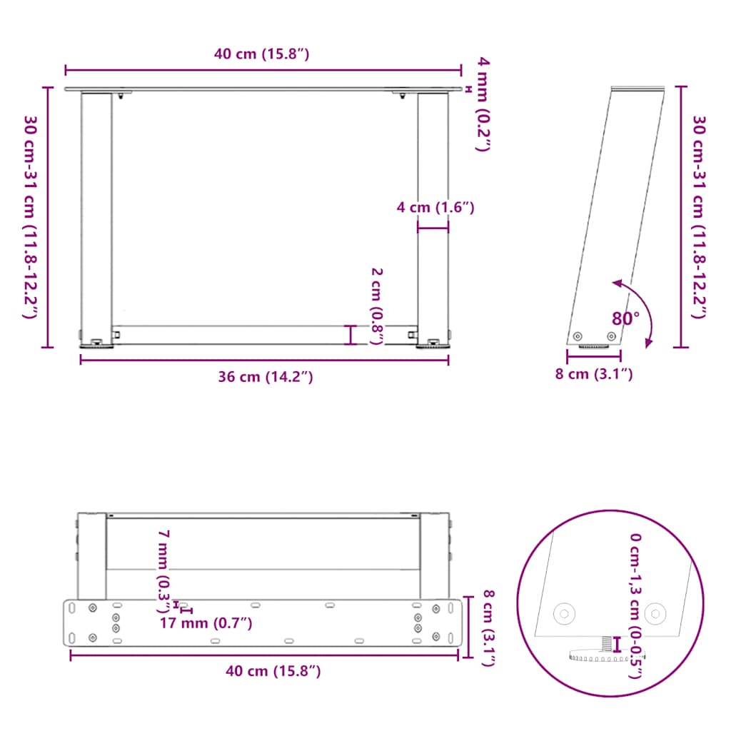 kohvilaua jalad, U-kujuline, 2 tk, must, 40x(30-31) cm teras