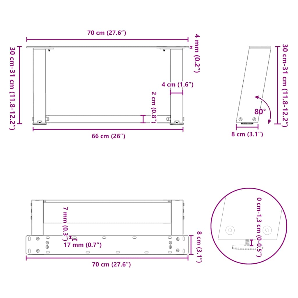 kohvilaua jalad U-kujuline 2 tk antratsiit 70x(30-31) cm teras