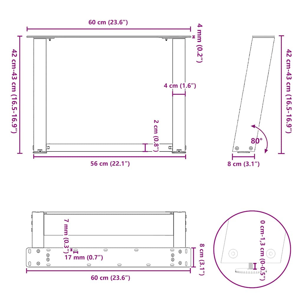 diivanilaua jalad U-kujulised 2 tk antratsiit 60x(42-43) cm