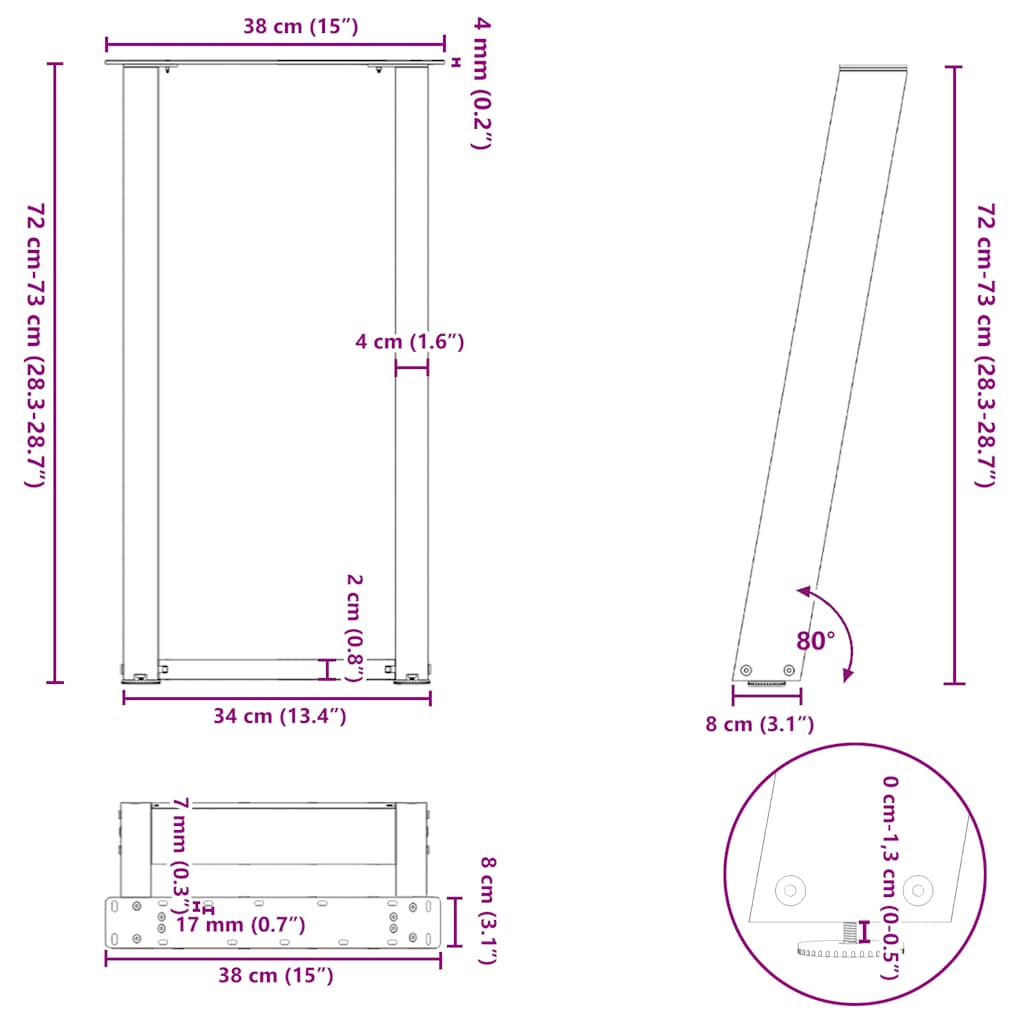 konsooli lauajalad U-kujulised 2 tk antratsiit 38x(72-73) cm