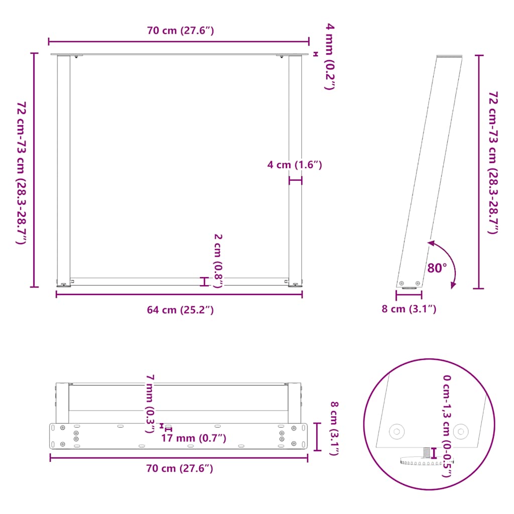 söögilaua jalad U-kujulised 2 tk antratsiit 70x(72-73) cm teras