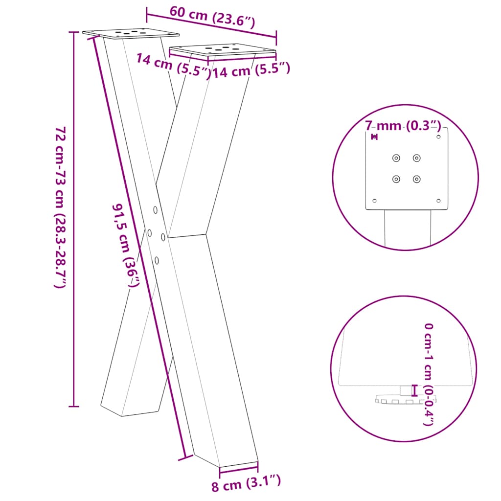 söögilaua jalad, X-kujuline, 2 tk, must, 60x(72-73) cm teras