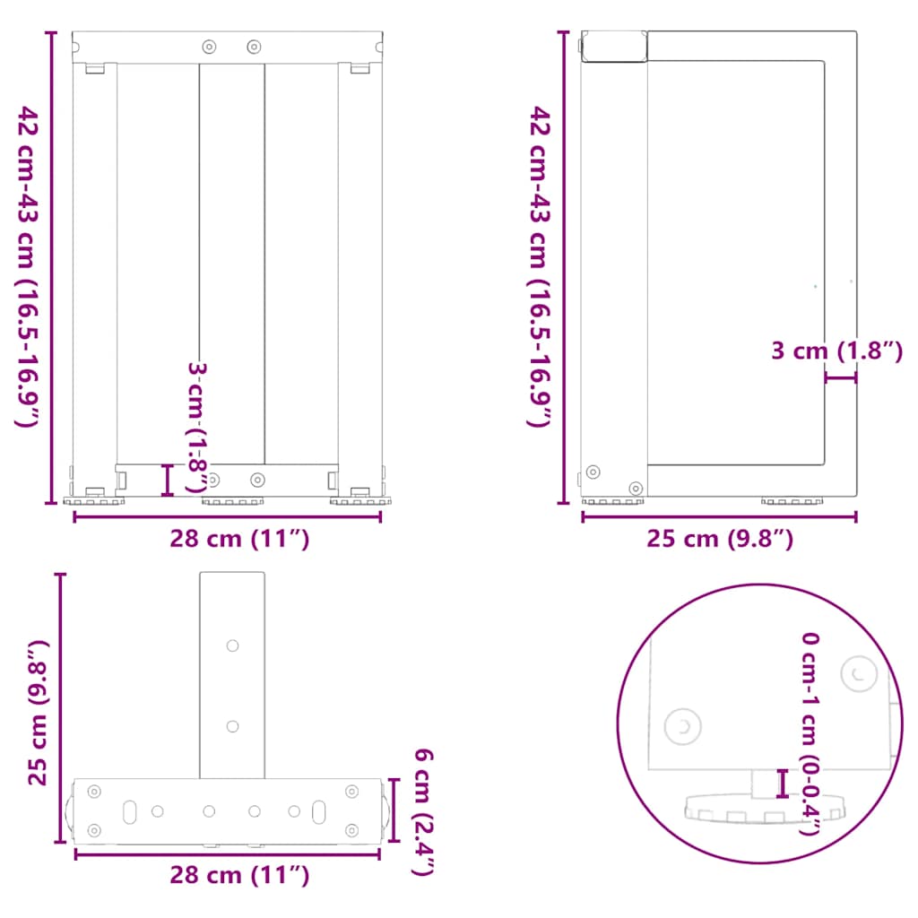 kohvilaua jalad, T-kujuline, 2 tk, must, 28x25x(42-43) cm teras