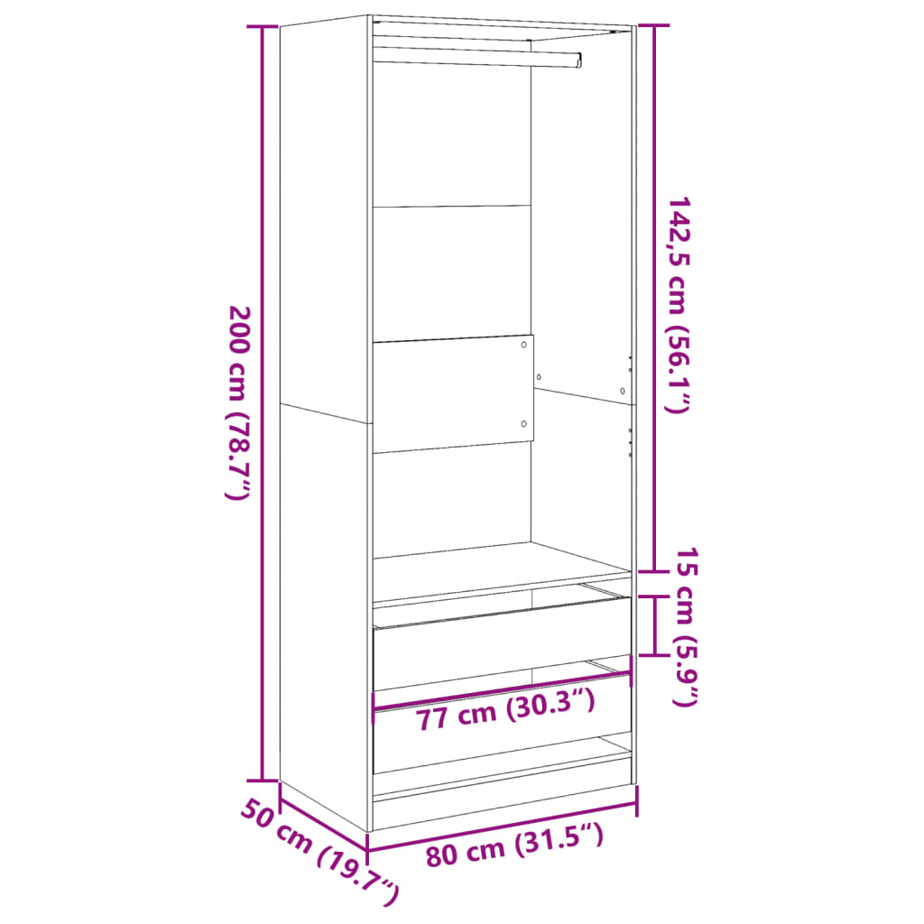 riidekapp, valge, 80 x 50 x 200 cm, tehispuit