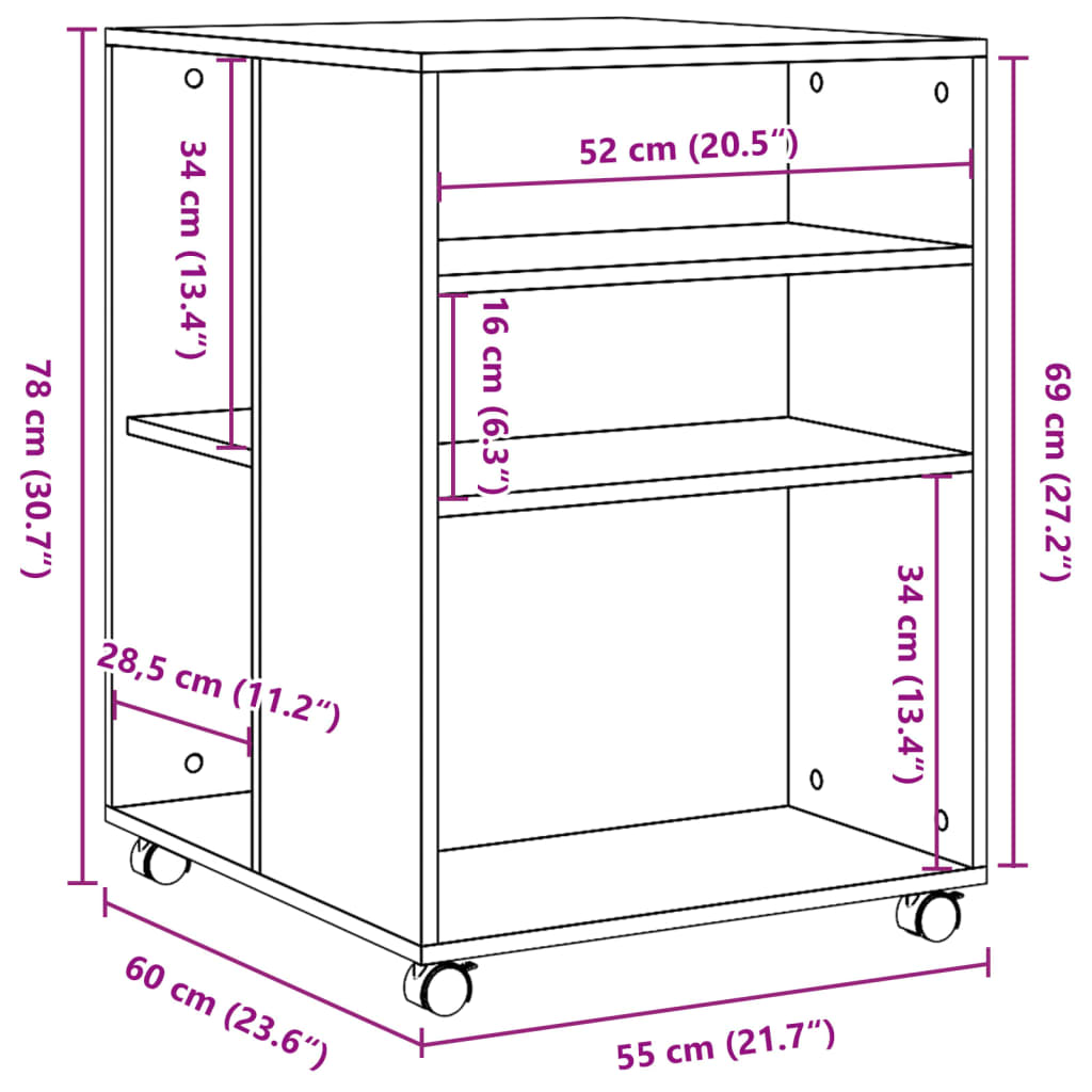 lisalaud ratastega, suitsutatud tamm, 55x60x78 cm, tehispuit