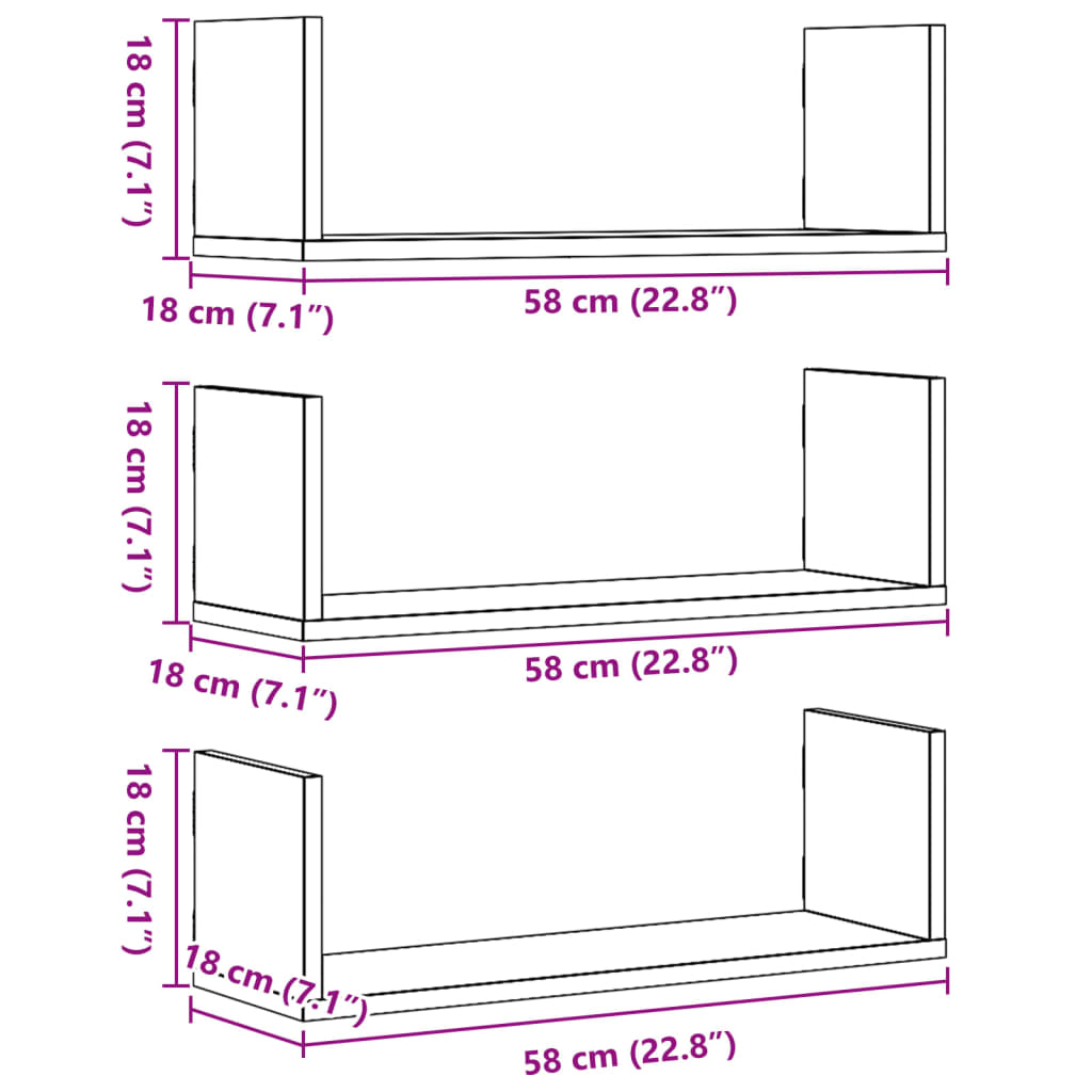 seinariiulid 3 tk, must, 58 x 18 x 18 cm, tehispuit