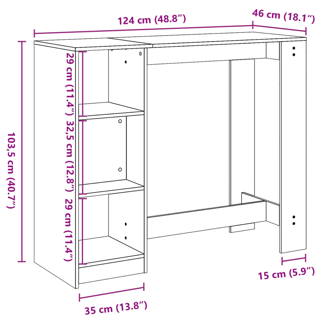 baarilaud riiuliga, suitsutatud tamm, 124x46x103,5 cm tehispuit