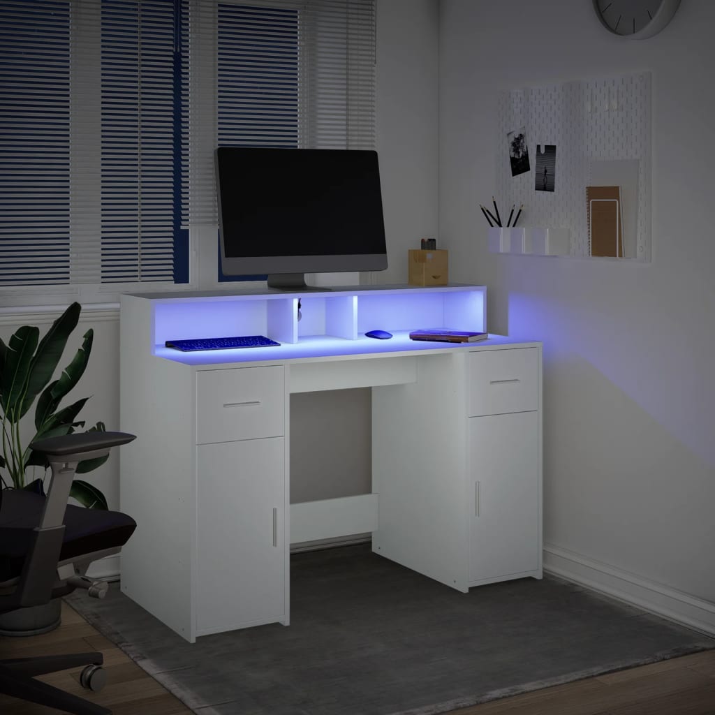 kirjutuslaud LED-tuledega, valge, 120x55x91 cm, tehispuit