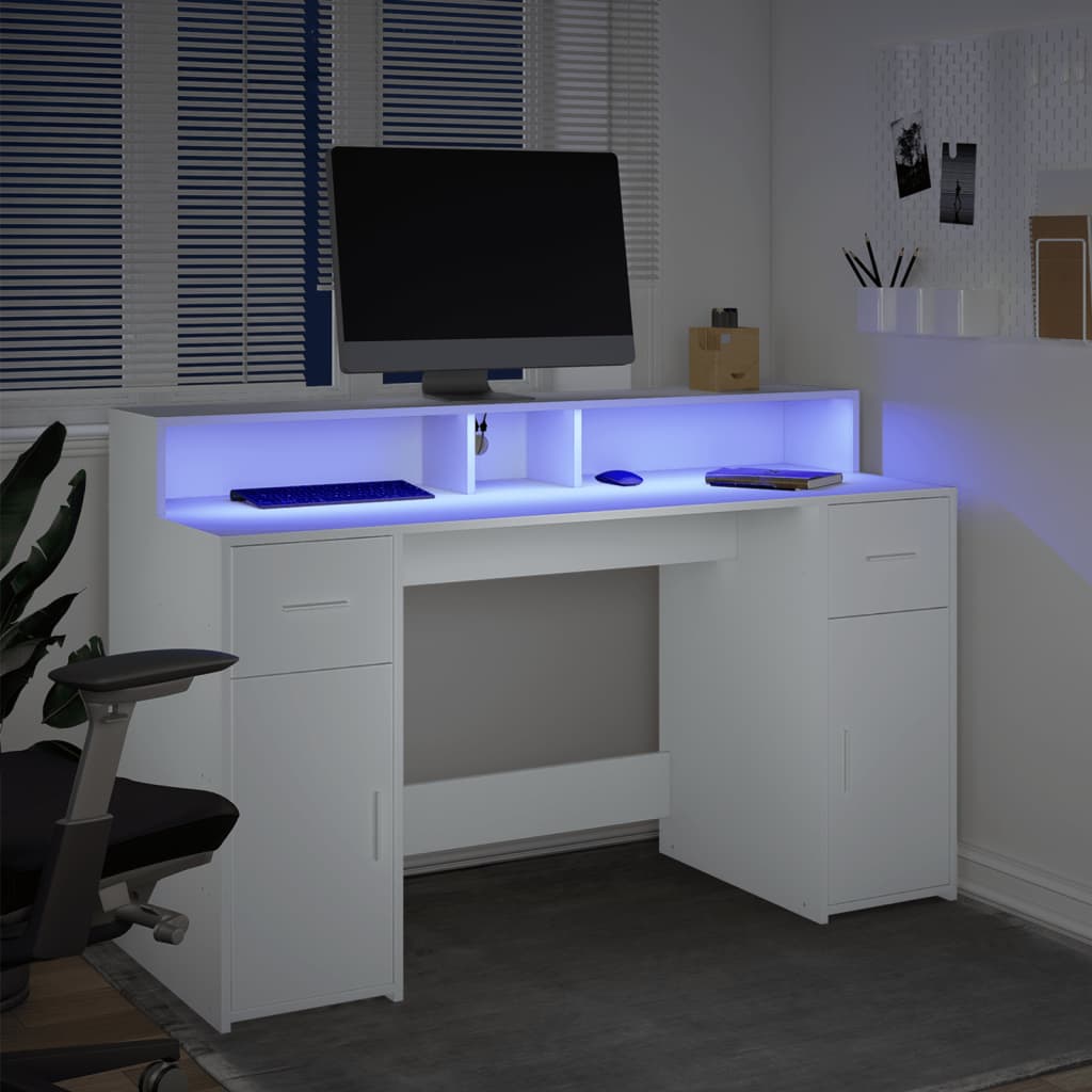 kirjutuslaud LED-tuledega, valge, 140x55x91 cm, tehispuit