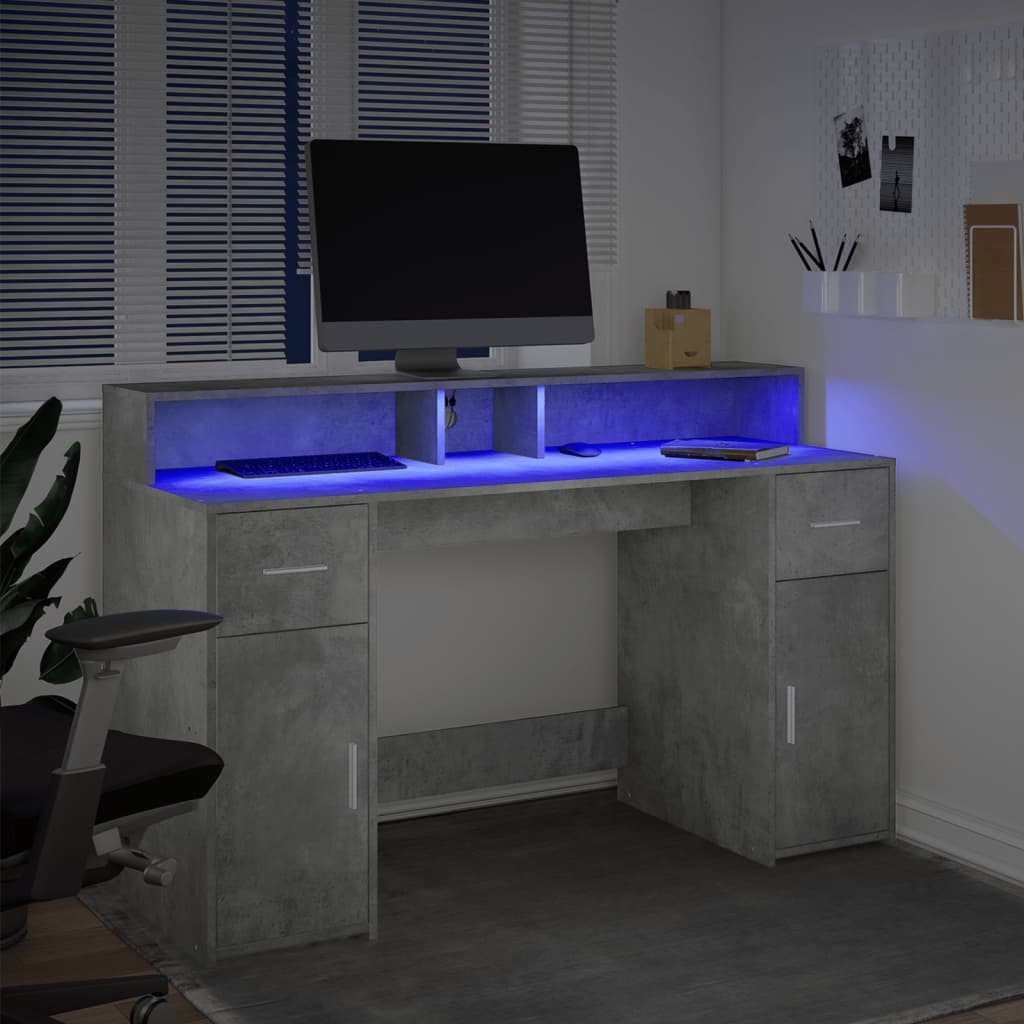 kirjutuslaud LED-tuledega, betoonhall, 140x55x91 cm, tehispuit