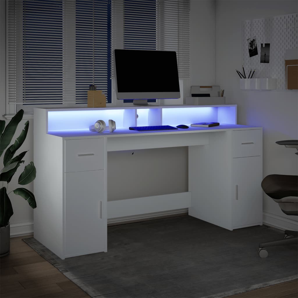 kirjutuslaud LED-tuledega, valge, 160x55x91 cm, tehispuit