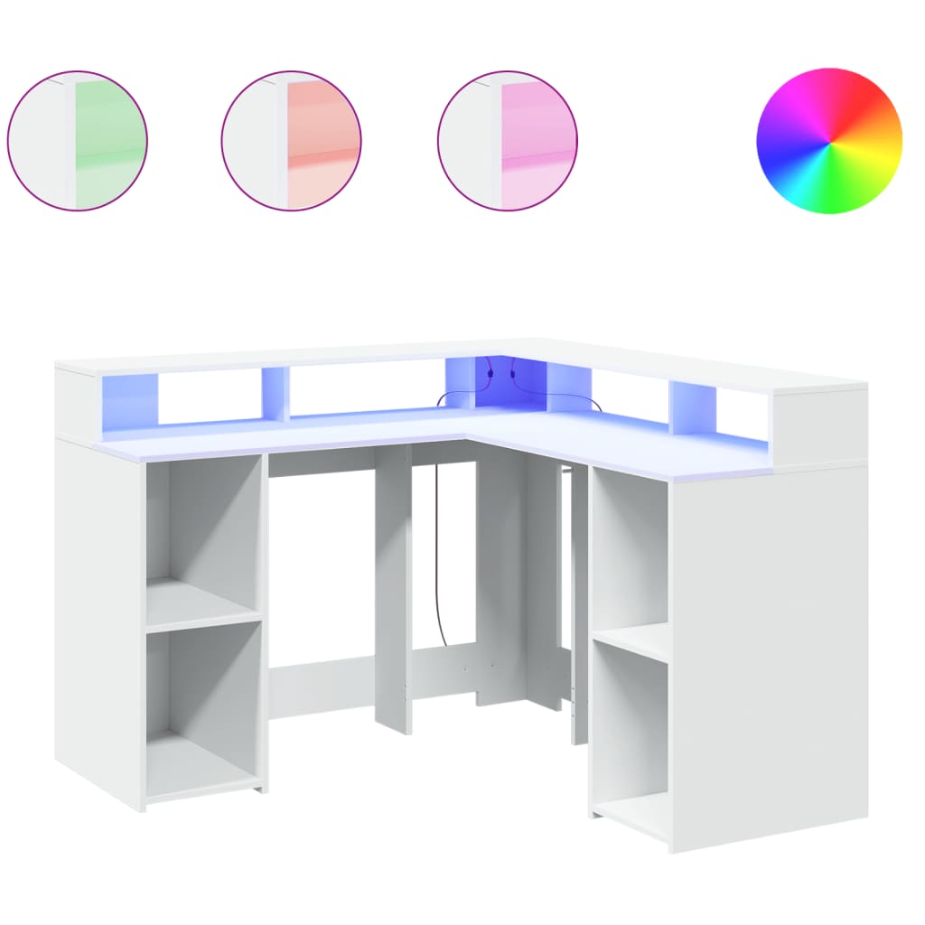 kirjutuslaud LED-tuledega, valge, 130 x 130 x 91 cm, tehispuit