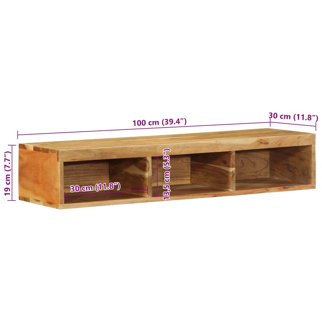 Настенная тумба под телевизор, 100x30x19 см, прочная древесина акации.