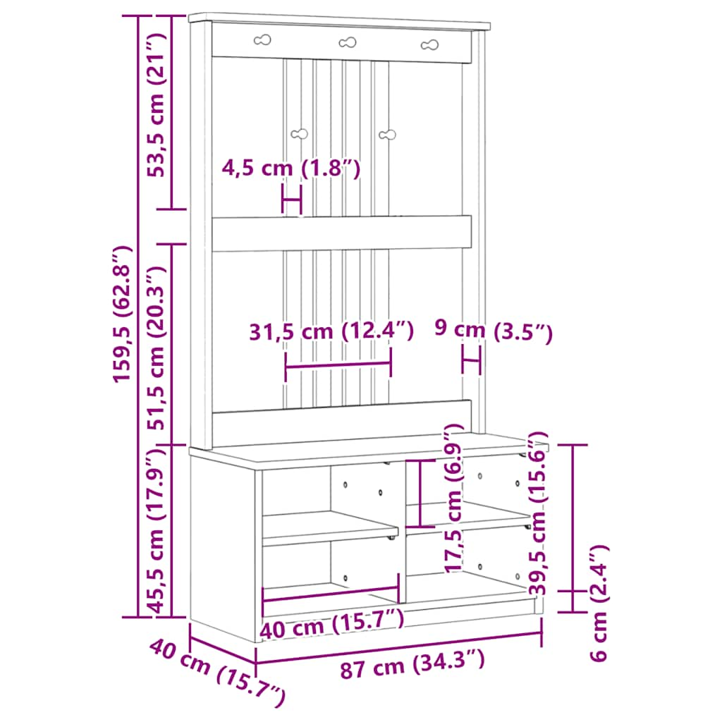 Скамейка для прихожей, 87x40x159,5 см, сосна