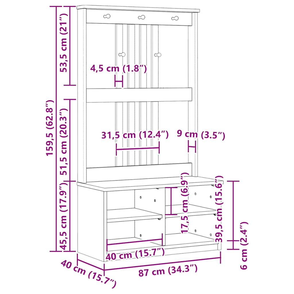 Скамейка для прихожей, 87x40x159,5 см, сосна