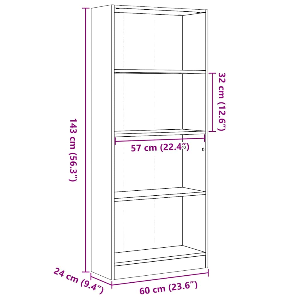 книжная полка, глянцевая белая, 60x24x143 см, искусственное дерево