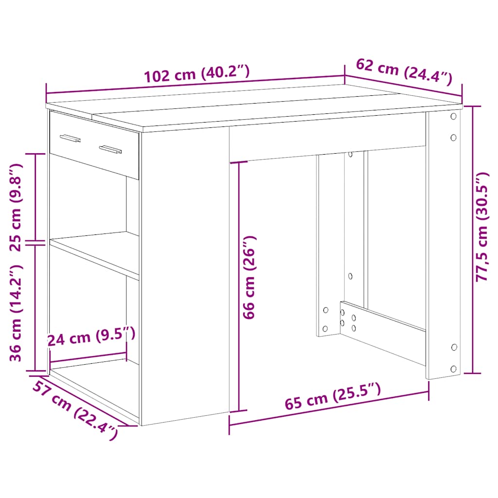 письменный стол с ящиком и полкой, черный дуб, 102x62x77,5 см