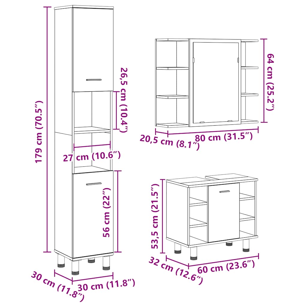 3-osaline vannitoa mööblikomplekt, betoonhall, tehispuit