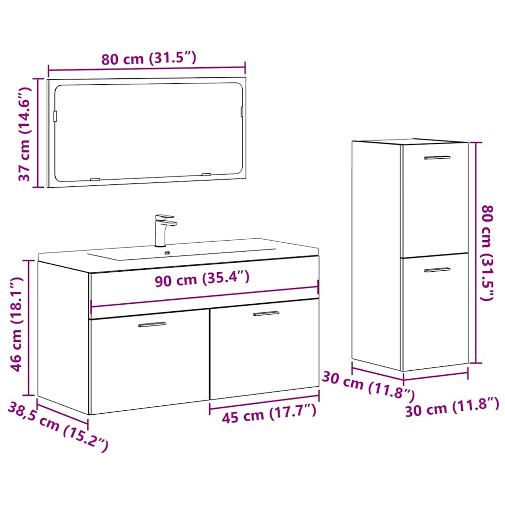 3-osaline vannitoa mööblikomplekt, betoonhall, tehispuit