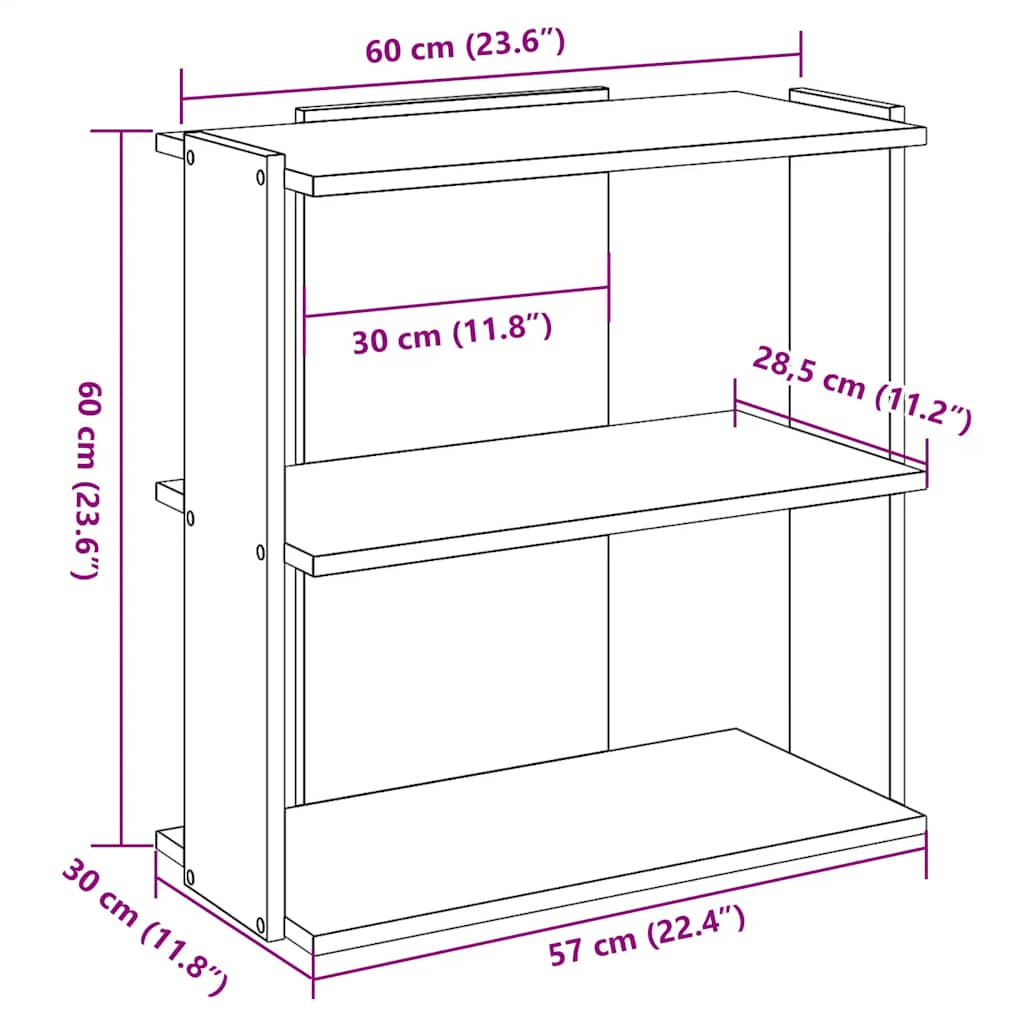 книжная полка 3-х ярусная белая 60x30x60 см конструкция дерево