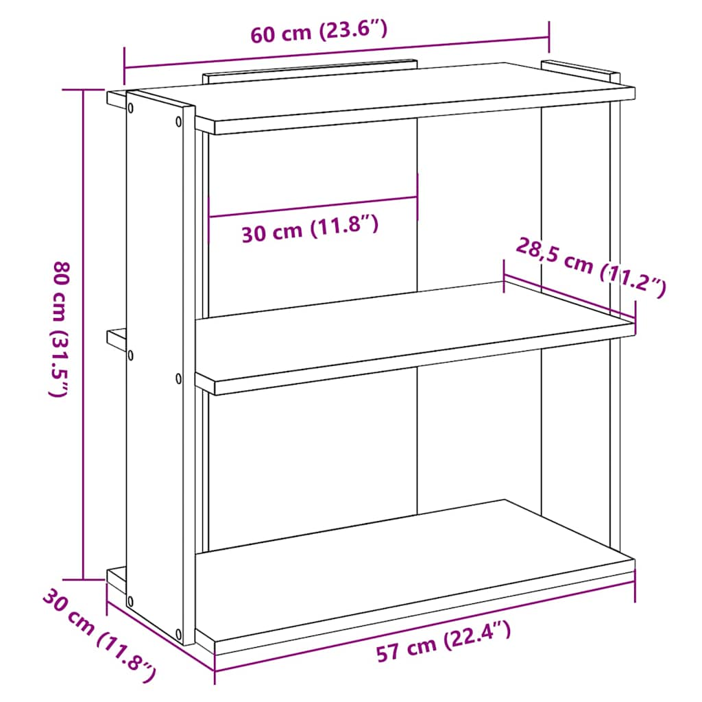 Книжная полка 3 уровня, копченый дуб, 60x30x80 см, искусственное дерево