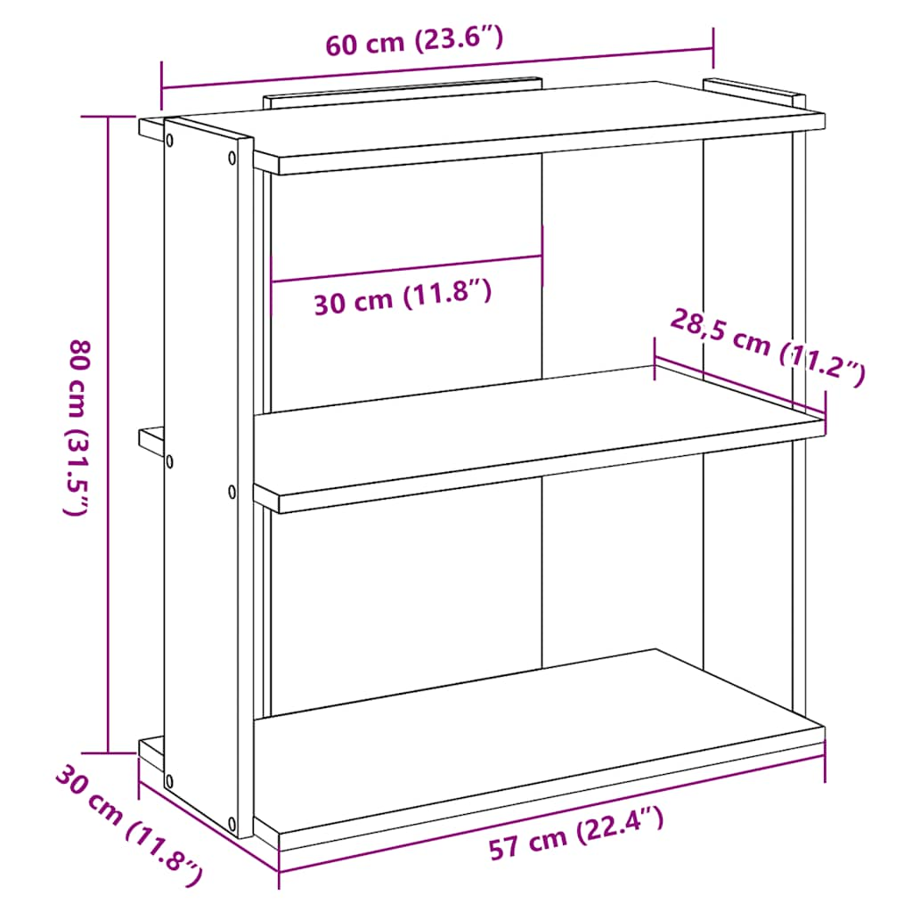 книжная полка 3 этажа, старое дерево, 60x30x80 см, искусственное дерево