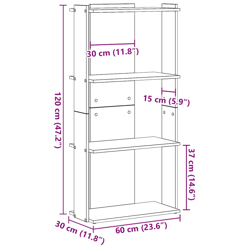 Книжная полка 3 уровня, копченый дуб, 60x30x120 см, искусственное дерево