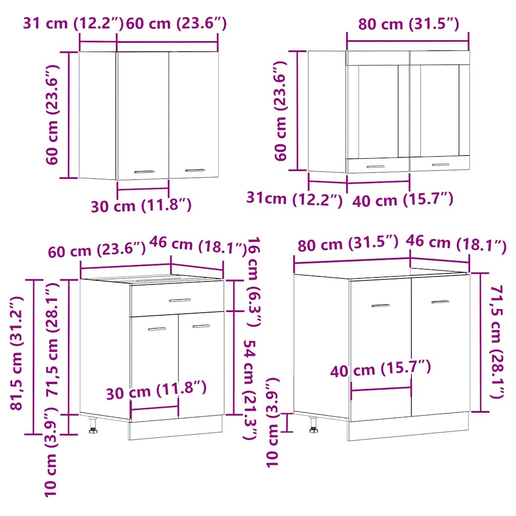 Комплект кухонных шкафов из 4 предметов Old Wood Engineered Wood