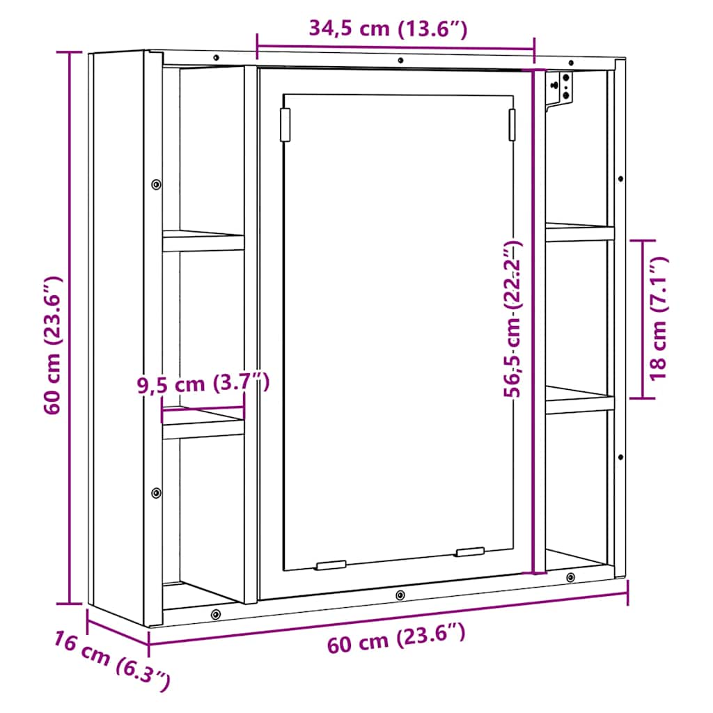 зеркальный шкафчик для ванной комнаты, черный дуб, 60 x 16 x 60 см, искусственное дерево