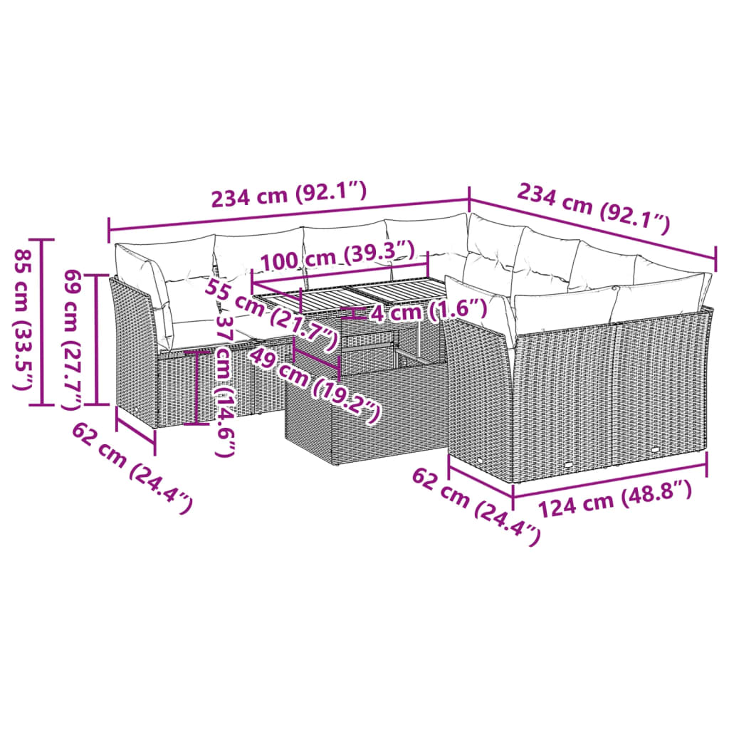 9-osaline aiadiivani komplekt patjadega, hall, polürotang